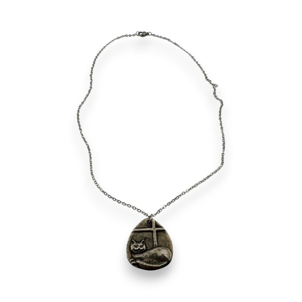 Pewter Cat in a Window Necklace Double Sided Pendant - Picture 2 of 7